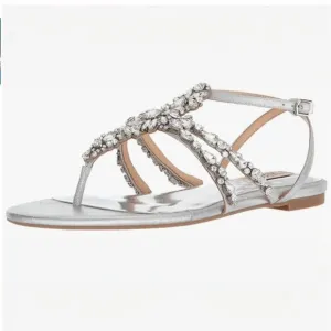 NWT Badgley MIschka Hampden SIlver Rhinestone Tstrap Flat Sandal Bridal Shoes