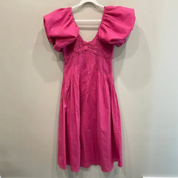 NWT Frame Puff Sleeve Cotton Midi Dress Fuchsia Pink - Size: Small