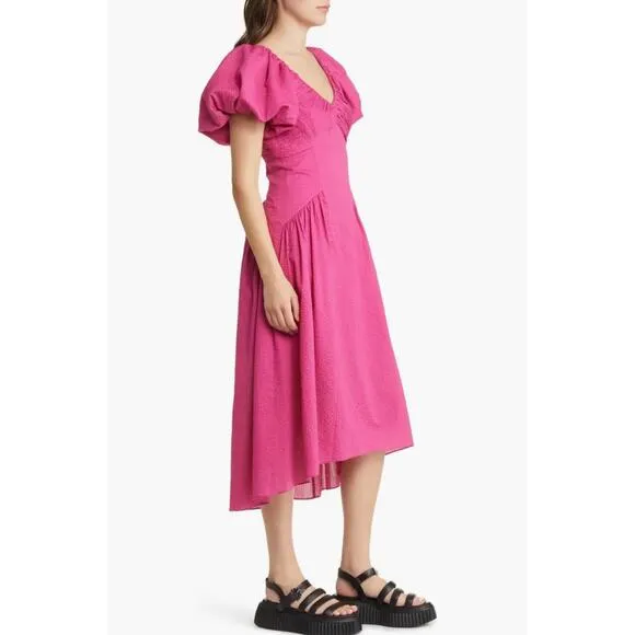 NWT Frame Puff Sleeve Cotton Midi Dress Fuchsia Pink - Size: Small