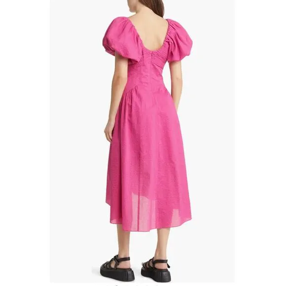NWT Frame Puff Sleeve Cotton Midi Dress Fuchsia Pink - Size: Small