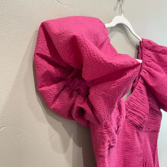 NWT Frame Puff Sleeve Cotton Midi Dress Fuchsia Pink - Size: Small