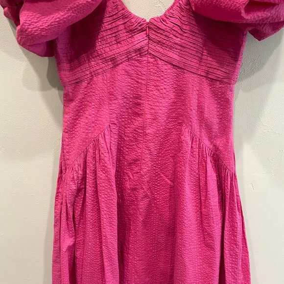 NWT Frame Puff Sleeve Cotton Midi Dress Fuchsia Pink - Size: Small