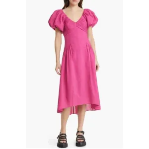 NWT Frame Puff Sleeve Cotton Midi Dress Fuchsia Pink - Size: Small