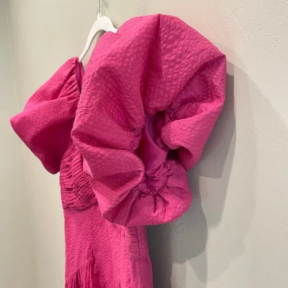 NWT Frame Puff Sleeve Cotton Midi Dress Fuchsia Pink - Size: Small