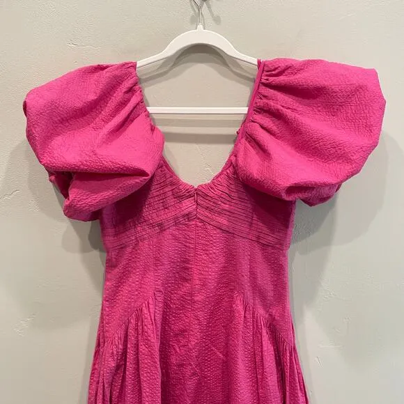 NWT Frame Puff Sleeve Cotton Midi Dress Fuchsia Pink - Size: Small