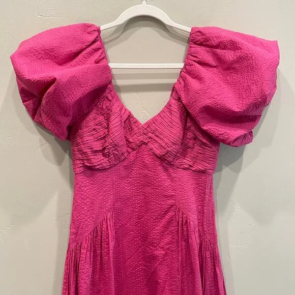 NWT Frame Puff Sleeve Cotton Midi Dress Fuchsia Pink - Size: Small