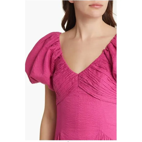 NWT Frame Puff Sleeve Cotton Midi Dress Fuchsia Pink - Size: Small