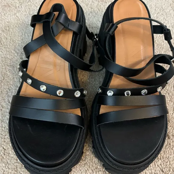 NWT Ganni Black Lug Heel Rhinestone Strap Goth Sandals