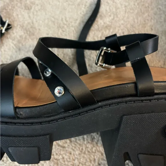 NWT Ganni Black Lug Heel Rhinestone Strap Goth Sandals