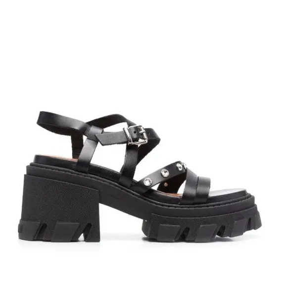 NWT Ganni Black Lug Heel Rhinestone Strap Goth Sandals