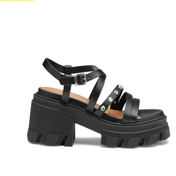 NWT Ganni Black Lug Heel Rhinestone Strap Goth Sandals
