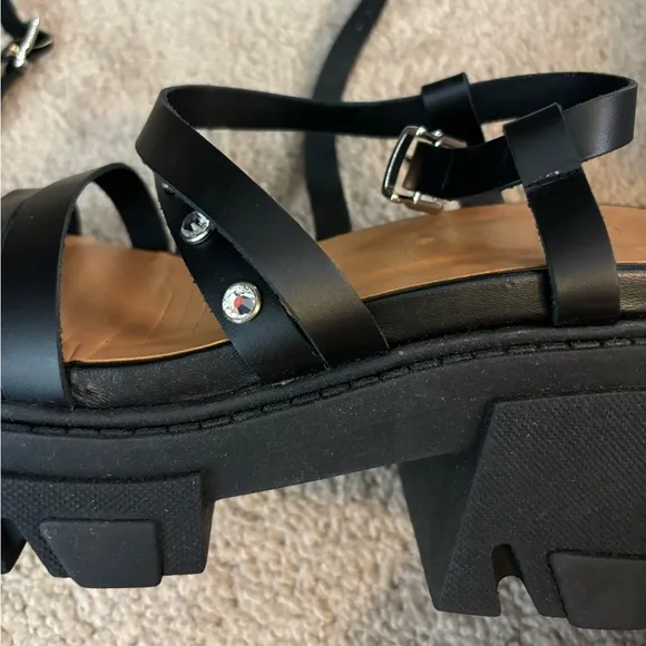 NWT Ganni Black Lug Heel Rhinestone Strap Goth Sandals