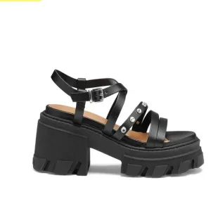 NWT Ganni Black Lug Heel Rhinestone Strap Goth Sandals
