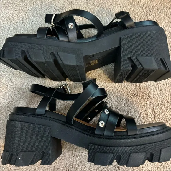 NWT Ganni Black Lug Heel Rhinestone Strap Goth Sandals