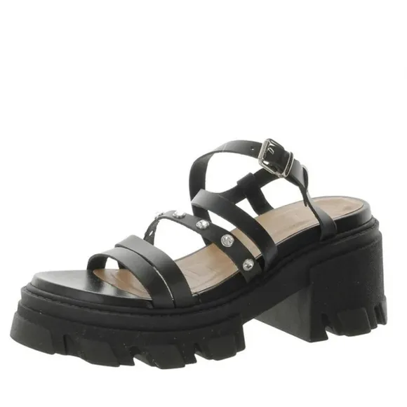 NWT Ganni Black Lug Heel Rhinestone Strap Goth Sandals