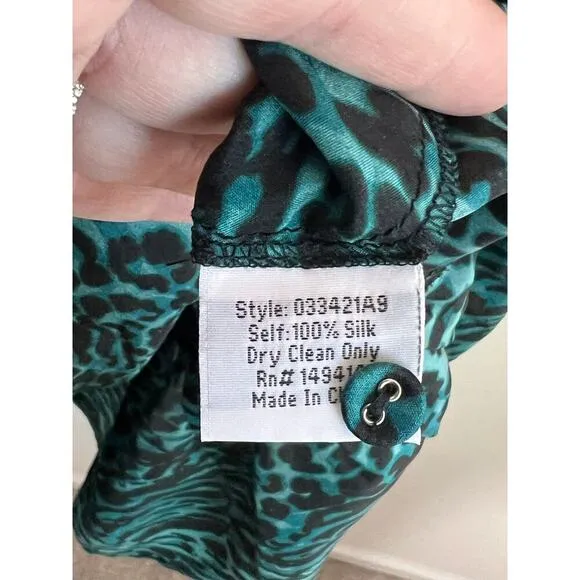 NWT Johnny Was Calme Silk Friday Dress Green Leopard Women's Size XS