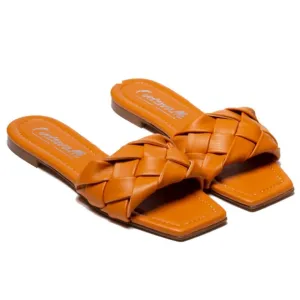 NWT L'Intervalle Italian made tan woven vegan leather flat slides sandals EU 40