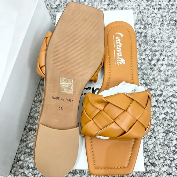 NWT L'Intervalle Italian made tan woven vegan leather flat slides sandals EU 40