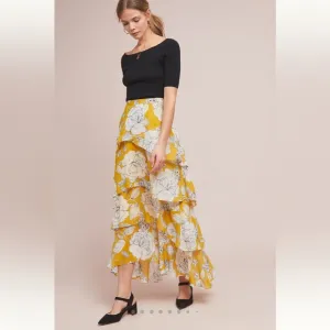 ☀️✨NWT Women’s Anthropologie Yellow Floral Tiered Maxi Skirt Size 6 ☀️✨