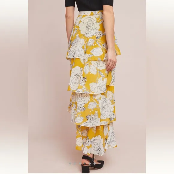 ☀️✨NWT Women’s Anthropologie Yellow Floral Tiered Maxi Skirt Size 6 ☀️✨