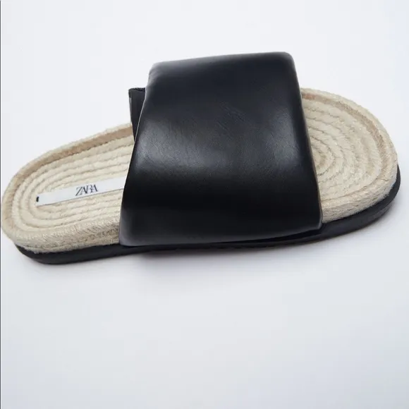 NWT. Zara Black Quilted Flat Sandals with Jute. Size 10.