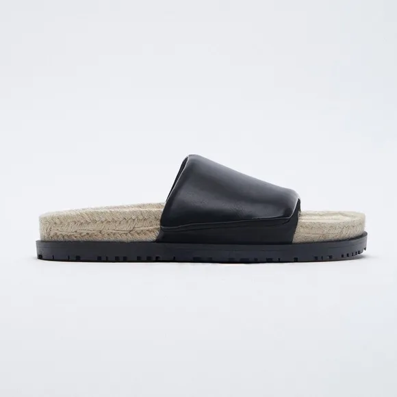 NWT. Zara Black Quilted Flat Sandals with Jute. Size 10.