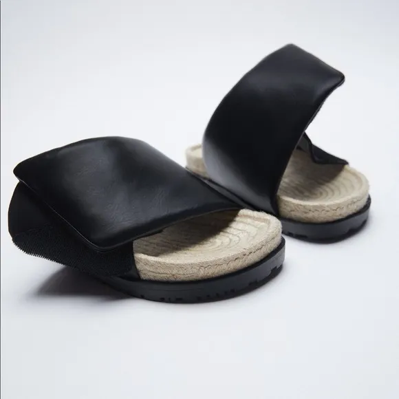 NWT. Zara Black Quilted Flat Sandals with Jute. Size 10.