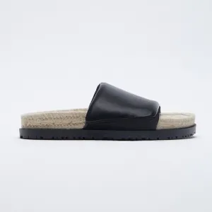 NWT. Zara Black Quilted Flat Sandals with Jute. Size 10.
