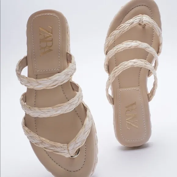 NWT. Zara Cream  Zara Woven Flat Sandals. Size 9.