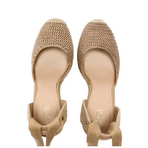 NWT ZARA LACE UP WEDGE HEEL SHOES LIGHTBEIGE
