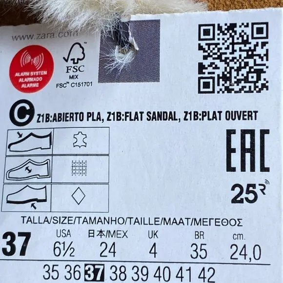 NWT. Zara Natural Color Faux Fur Flat Leather Sandals. Size 6,5.