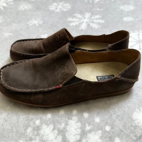 Olukai Loafers Size 8 Leather Nubuck Shoes Nohea Slip On Floral emboridered