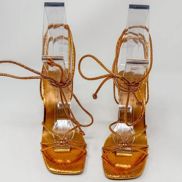 Open Edit Orange Bronze Metallic Ankle Calf Lace Strappy Sandals, NEW, Size 5