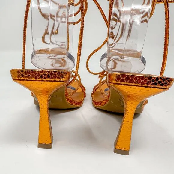 Open Edit Orange Bronze Metallic Ankle Calf Lace Strappy Sandals, NEW, Size 5