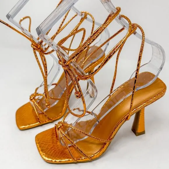 Open Edit Orange Bronze Metallic Ankle Calf Lace Strappy Sandals, NEW, Size 5