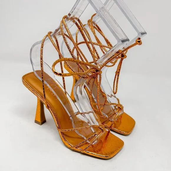 Open Edit Orange Bronze Metallic Ankle Calf Lace Strappy Sandals, NEW, Size 5