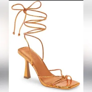 Open Edit Orange Bronze Metallic Ankle Calf Lace Strappy Sandals, NEW, Size 5