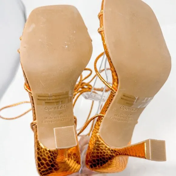 Open Edit Orange Bronze Metallic Ankle Calf Lace Strappy Sandals, NEW, Size 5