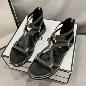 Open Toe Back Zipper Flat Sandals