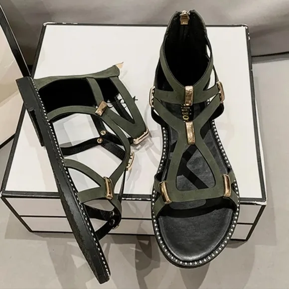 Open Toe Back Zipper Flat Sandals