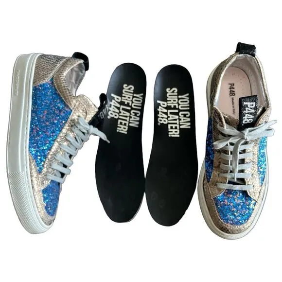 P448 Soho Glittered Metallic Leather Italian Sneakers Size 38
