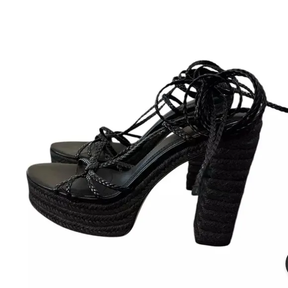 Paige Carson Braided Ankle-Wrap Platform Espadrilles - Black NWOT