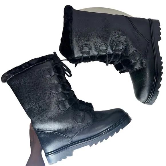 Pajar Canada Black Davos Genuine Shearling Leather Snow Boots Lace Up Size 7