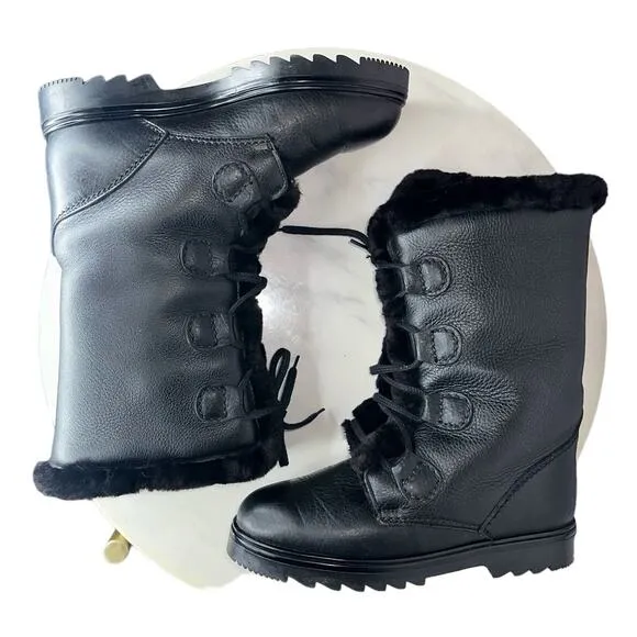 Pajar Canada Black Davos Genuine Shearling Leather Snow Boots Lace Up Size 7