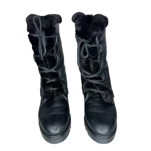 Pajar Canada Black Davos Genuine Shearling Leather Snow Boots Lace Up Size 7