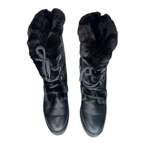 Pajar Canada Black Davos Genuine Shearling Leather Snow Boots Lace Up Size 7
