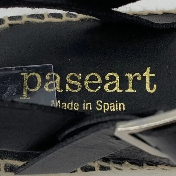 paseart Sandals Womens 8.5 Black Tan Espadrilles Leather Platform Made in Spain