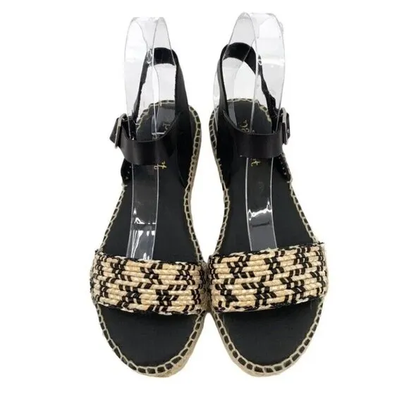 paseart Sandals Womens 8.5 Black Tan Espadrilles Leather Platform Made in Spain