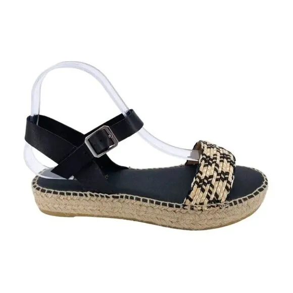 paseart Sandals Womens 8.5 Black Tan Espadrilles Leather Platform Made in Spain