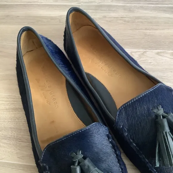 PATRICIA GREEN Calf Hair Driving Loafers Moc Toe Tassels Blue Preppy Classic 11